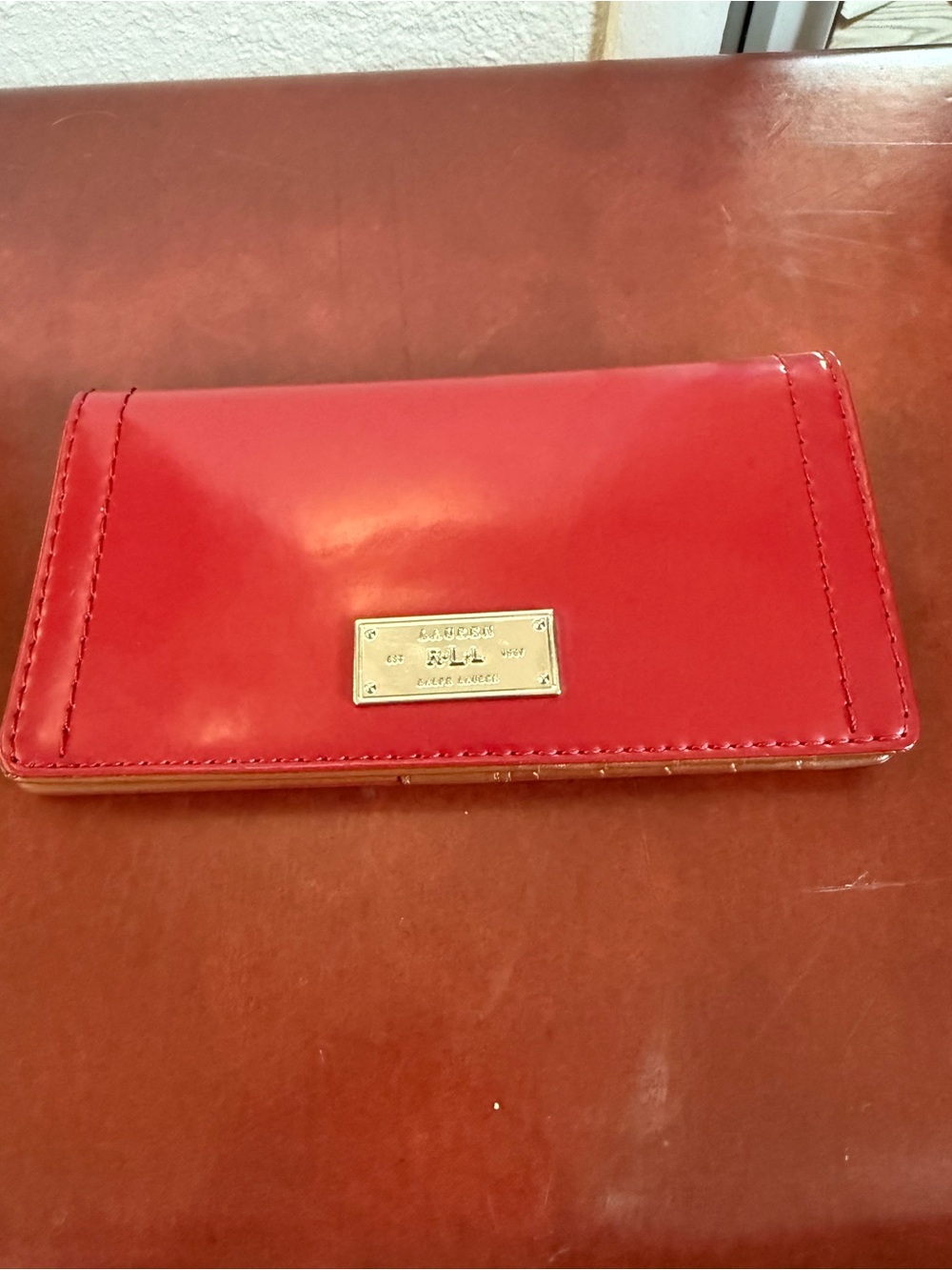Lauren Ralph Lauren Red Patent Leather Checkbook Wallet Long Bifold Wallet